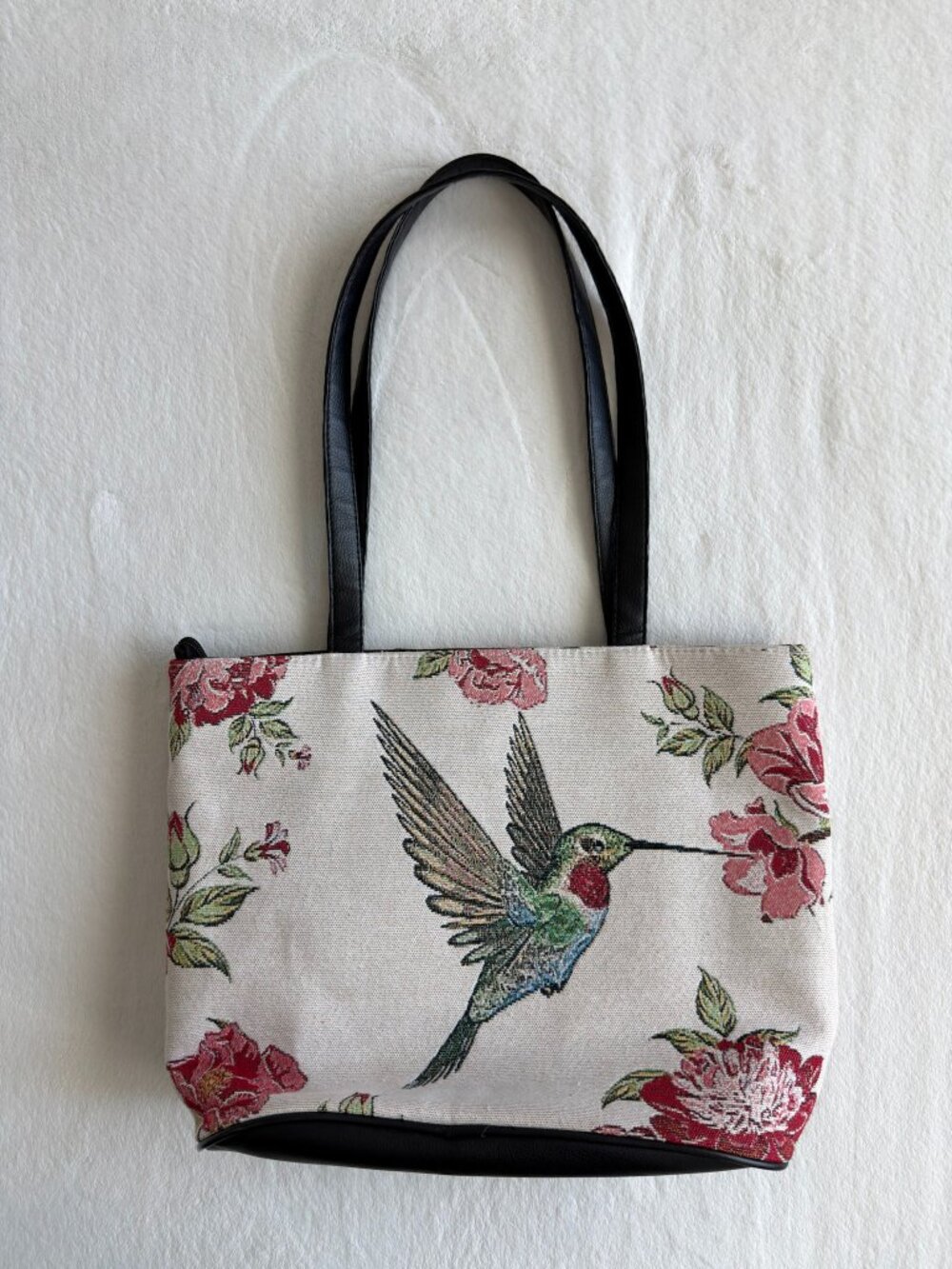 Tapestry Tote Bag‎ Hummingbird Floral Cottagecore Grandmacore Woven Cream Rose